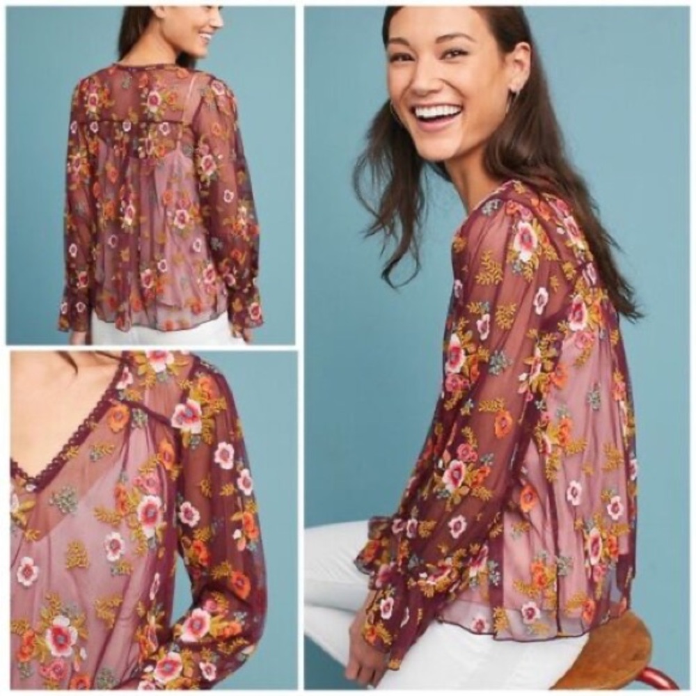 ANTHROPOLOGIE FeatherBone Embroidered Long Sleeve Sheer Floral Blouse Top